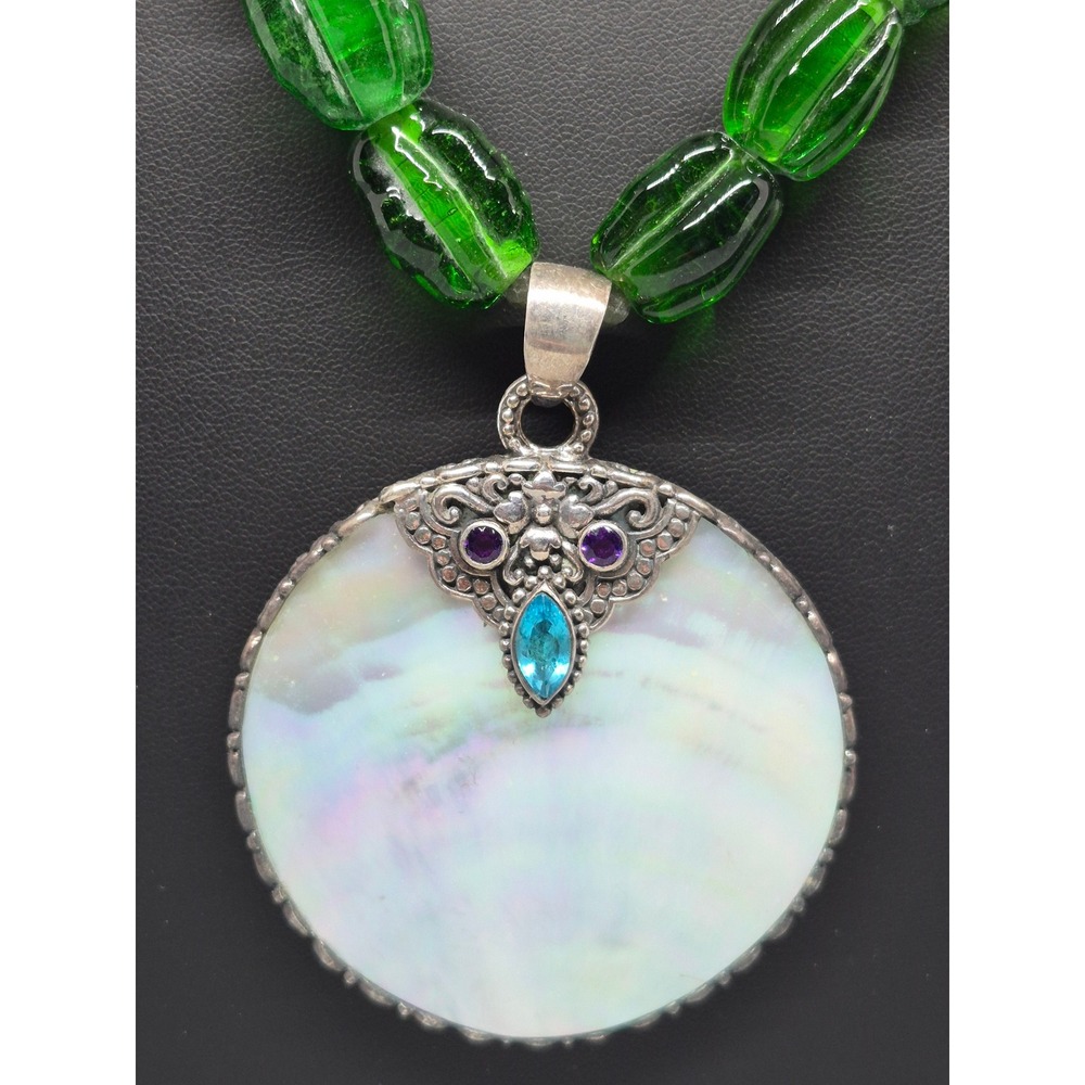 JTV Necklace Woman Green Glass Mother of Pearl Sterling Silver Quartz Statement - Picture 11 of 16
